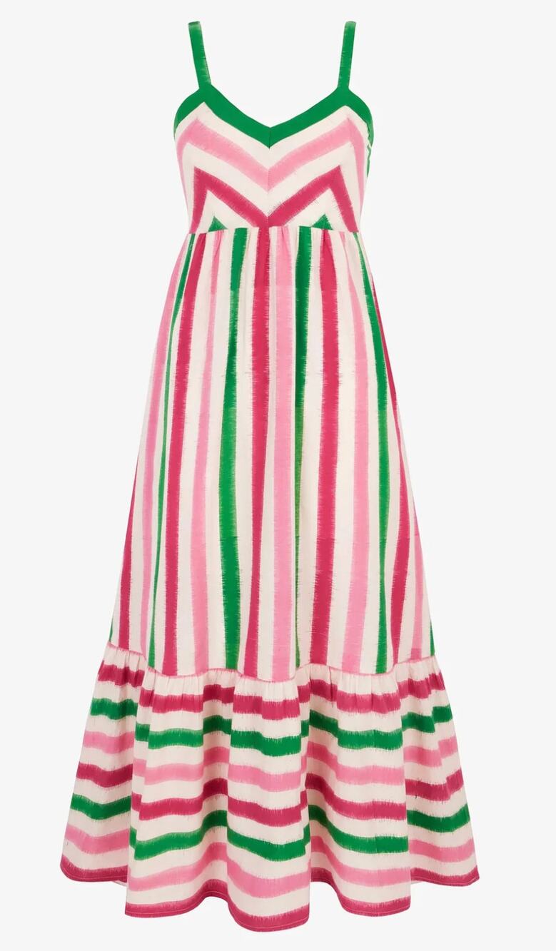PINK CITY PRINTS Tuckernuck Puglia Watermelon Pink Green Stripe Maxi Dress XS